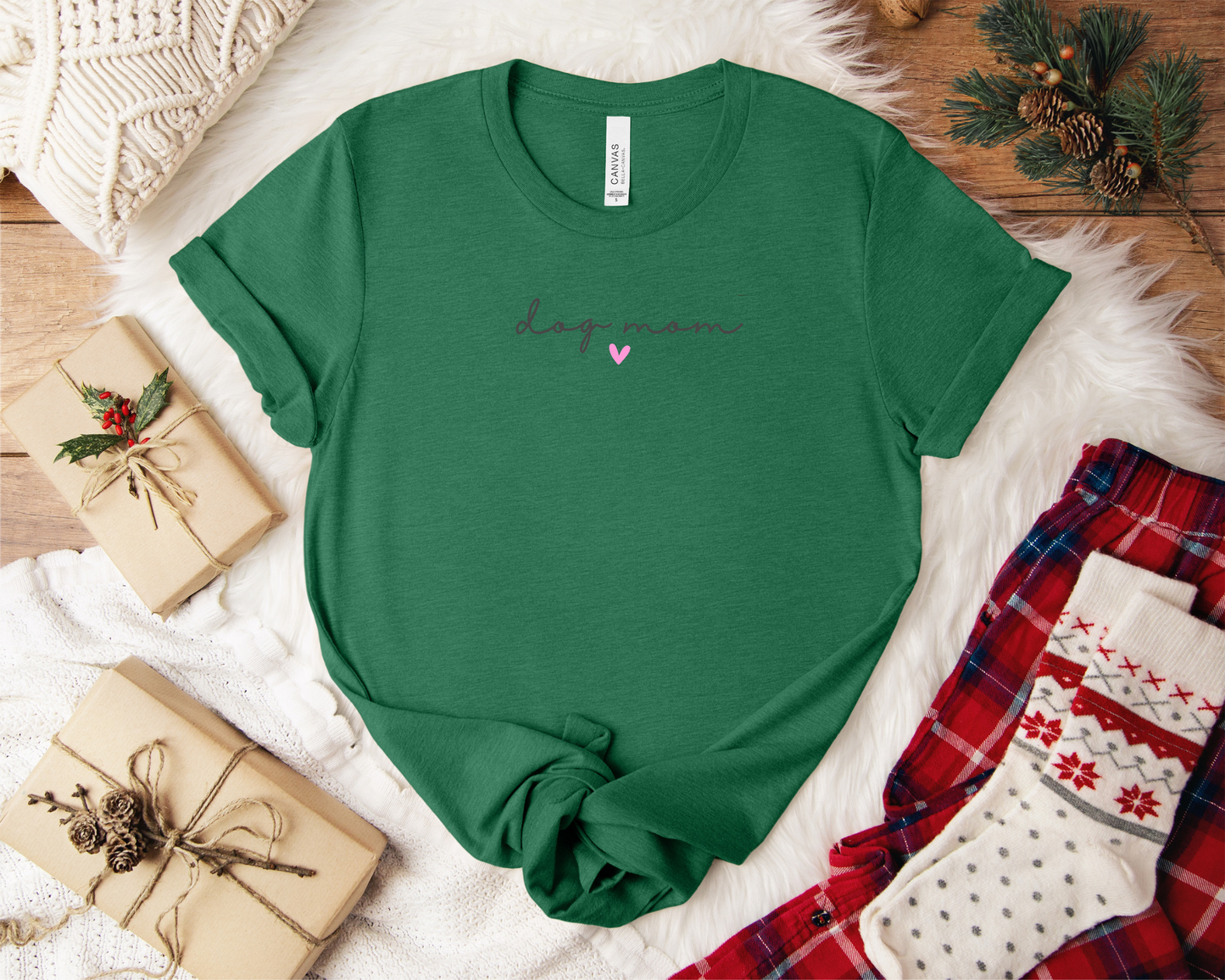 Dog Mom Heart Crewneck Tee, Heather Grass Green
