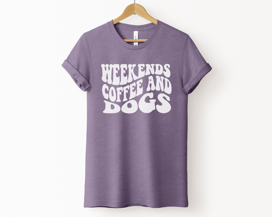Weekends, Coffee and Dogs T-shirt, Heather Purple