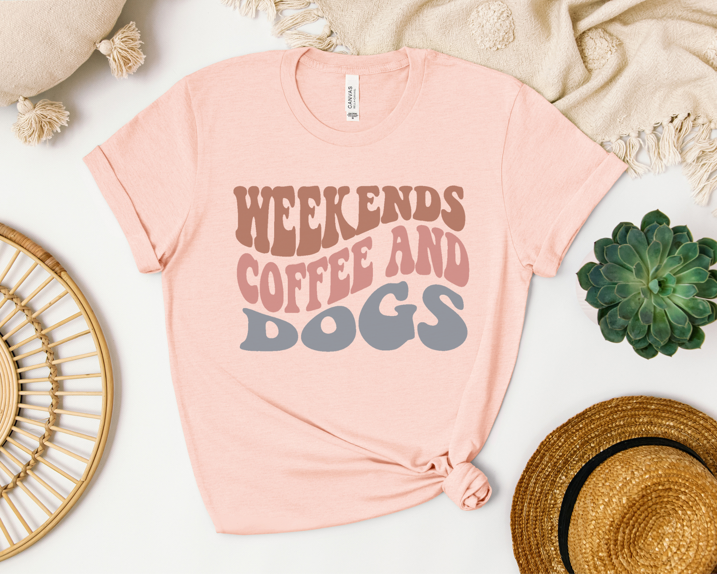 Weekends, Coffee And Dogs Crewneck T-shirt, Peach
