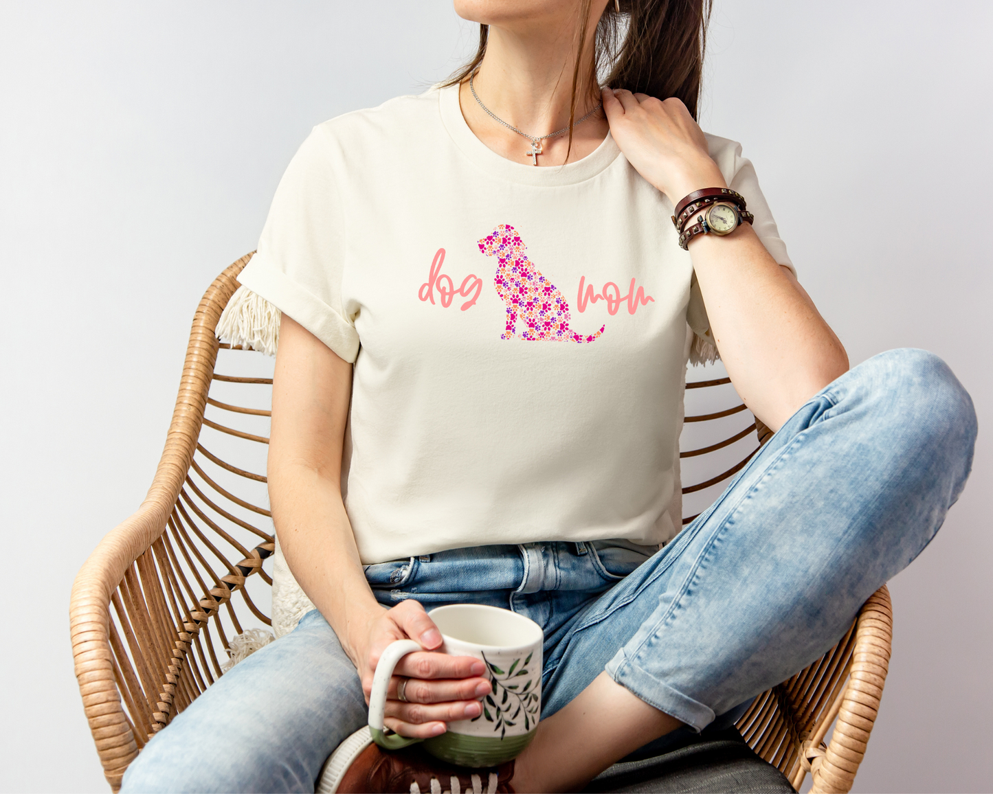 Dog Mom Pawprints Crewneck Tee, Natural