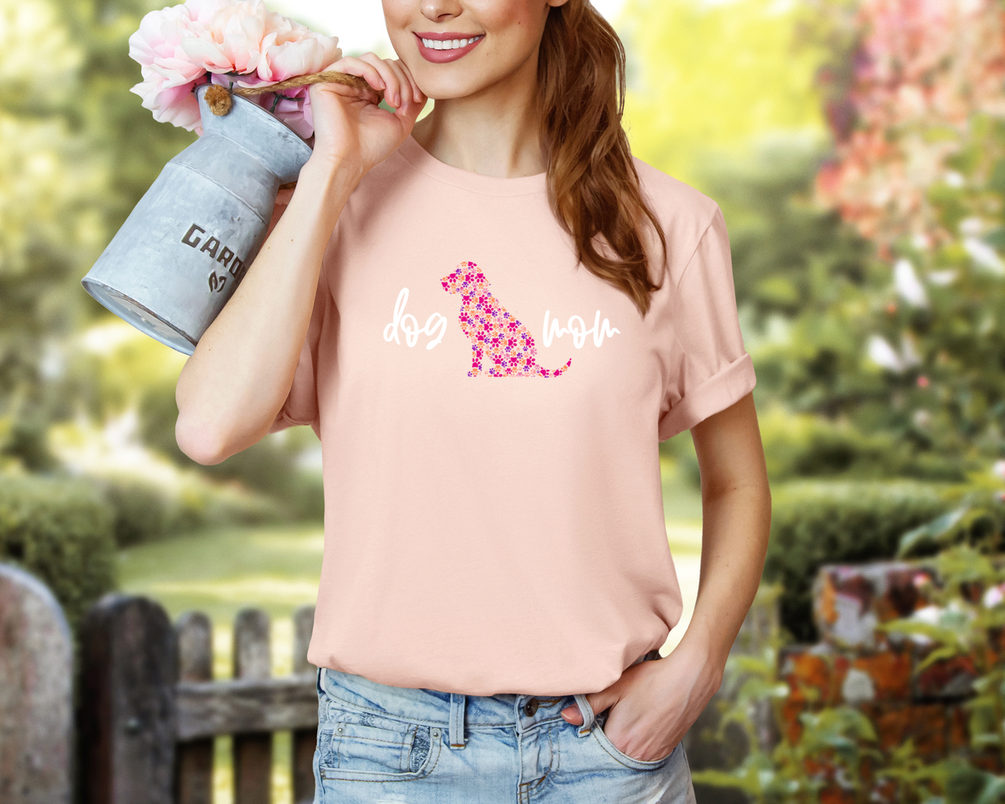 Dog Mom Pawprints Crewneck Tee, Peach