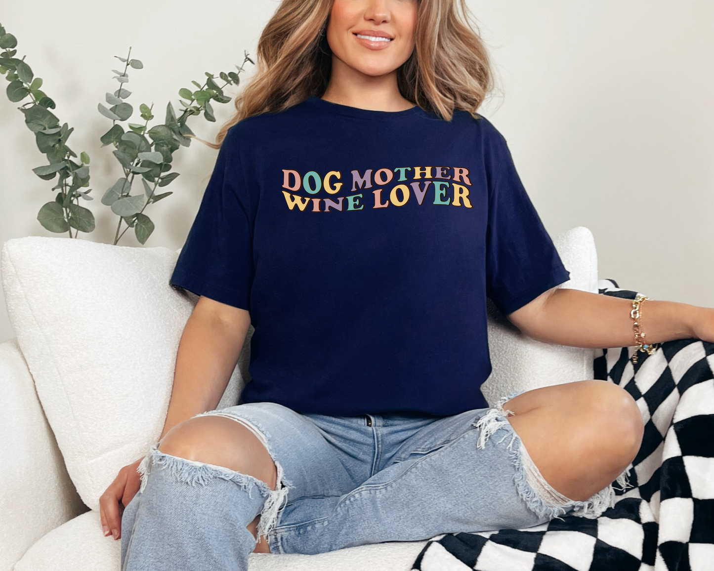 Dog Mother Wine Lover Crewneck Tee, Navy