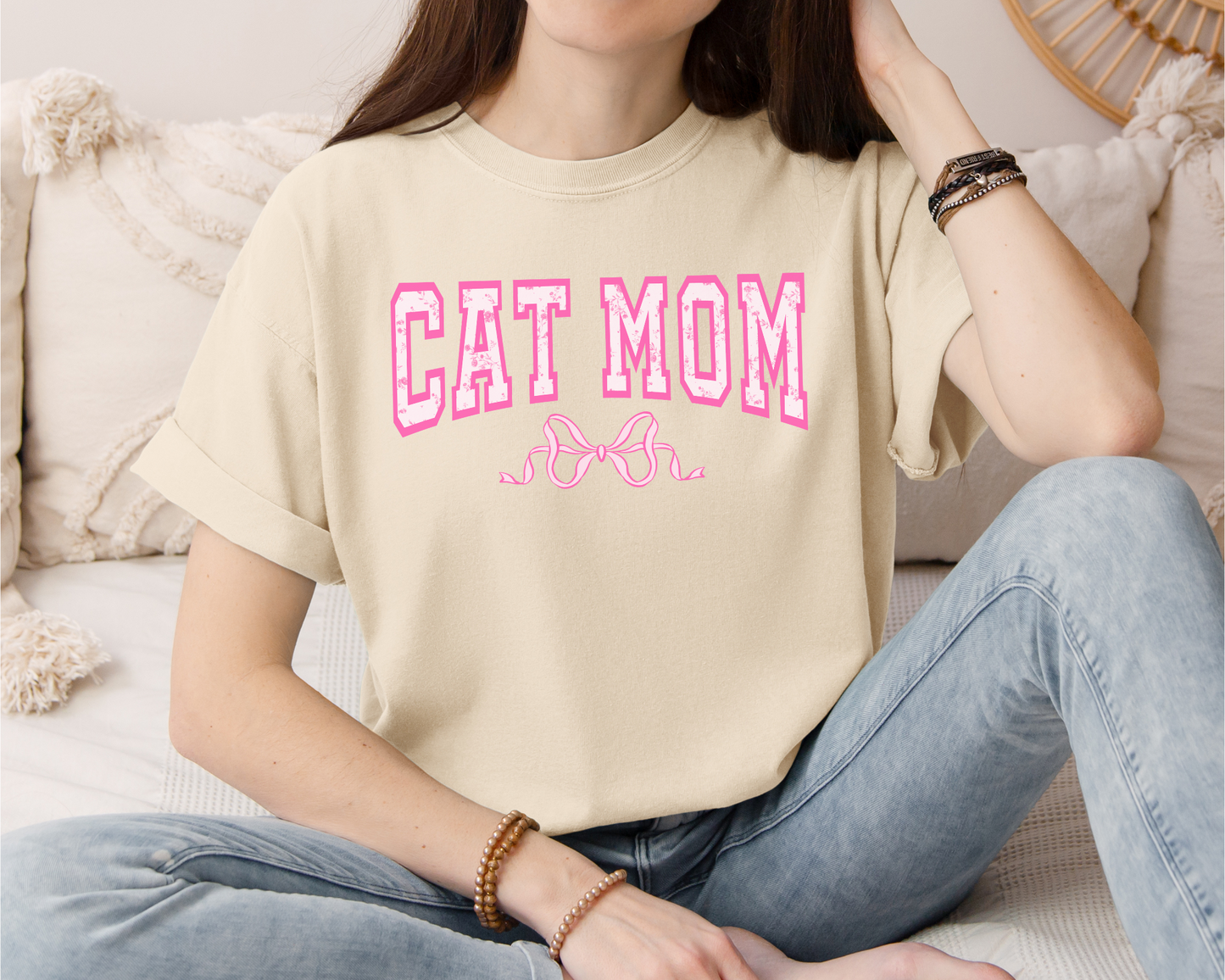 Cat Mom Floral Pink Tee, Ivory