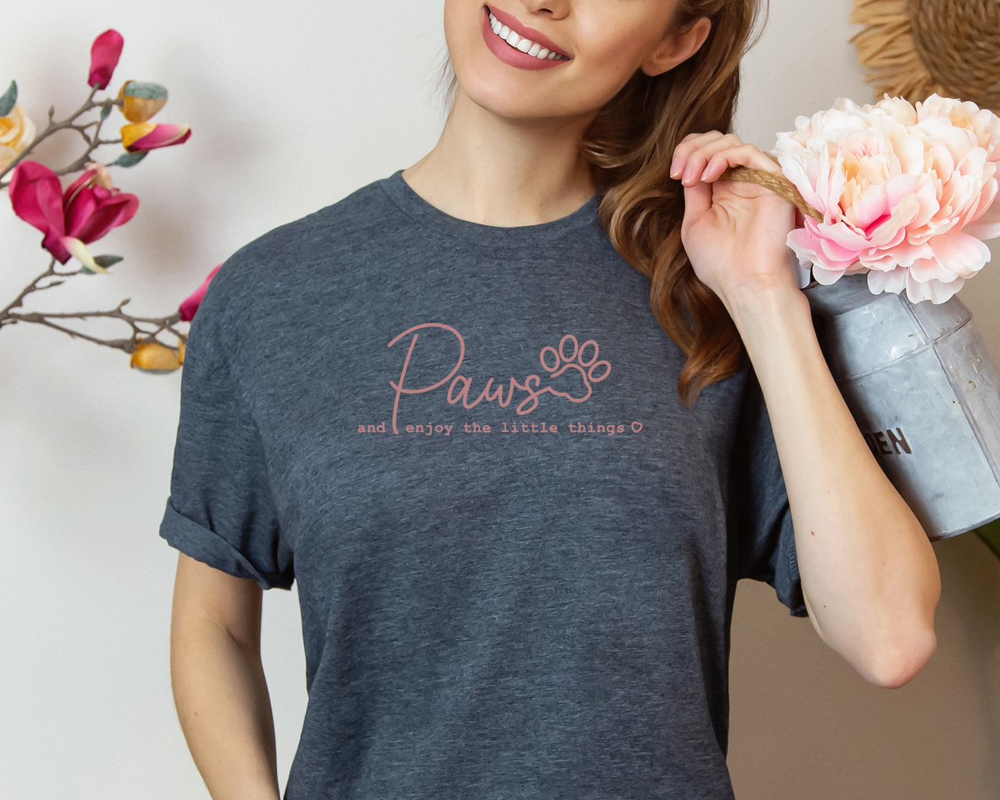 Paws and enjoy the little things Crewneck Tee, Heather Dark Grey