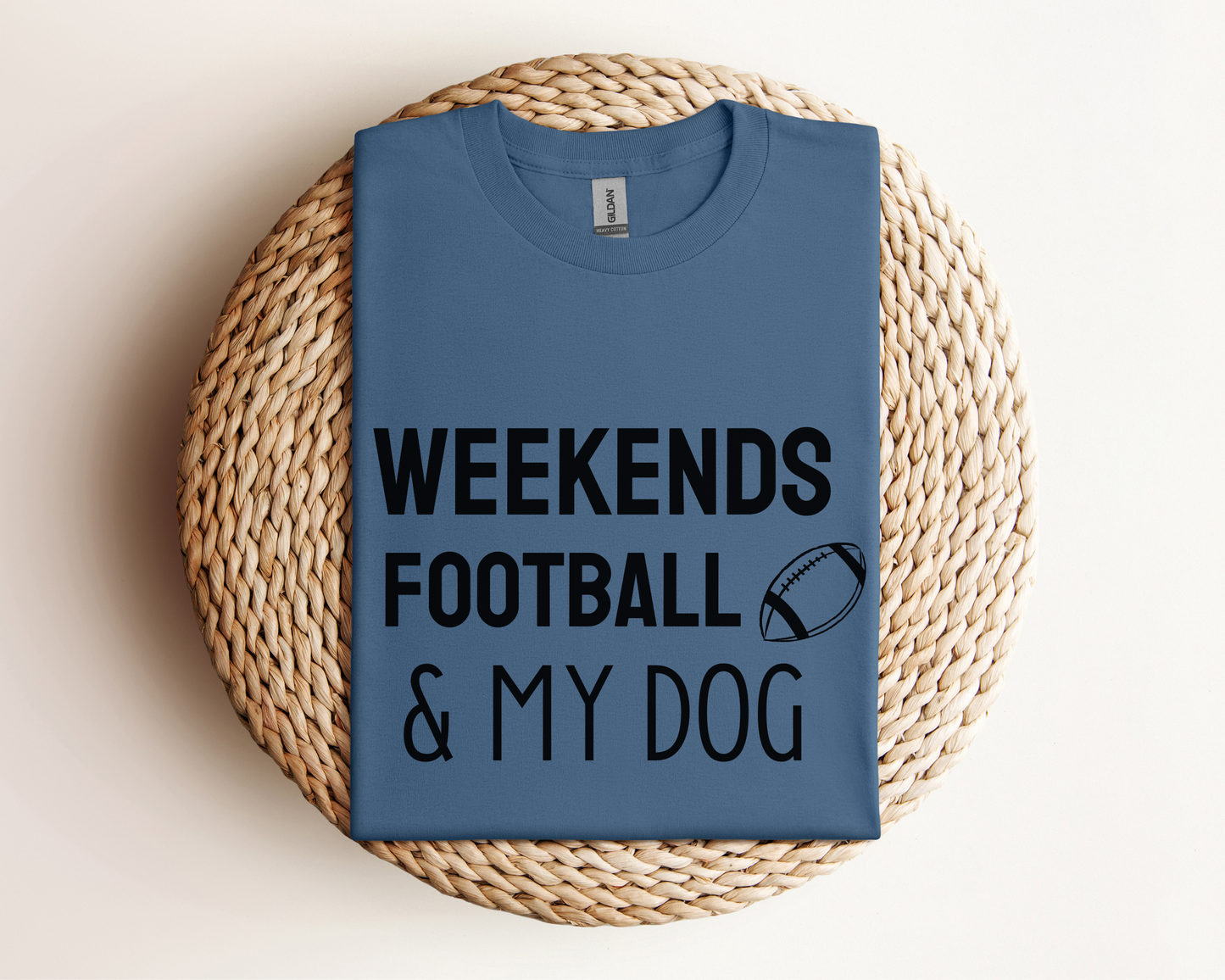 Weekends, Football & My Dog Crewneck Tee, Indigo Blue