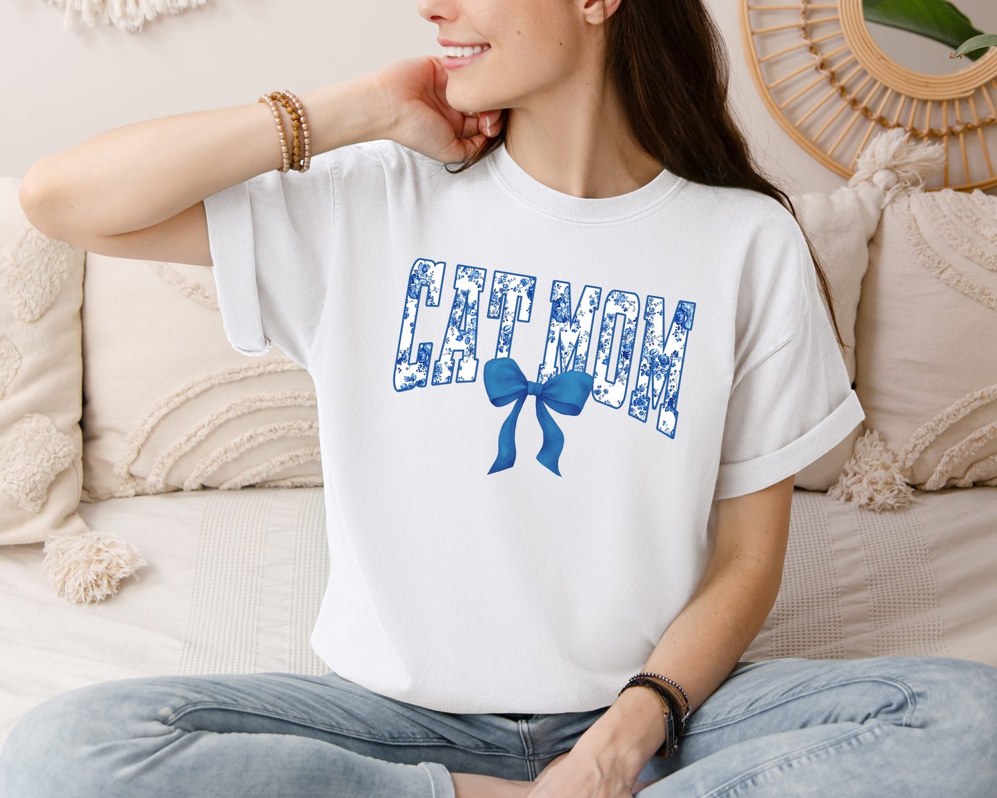Cat Mom Floral Blue Tee, White