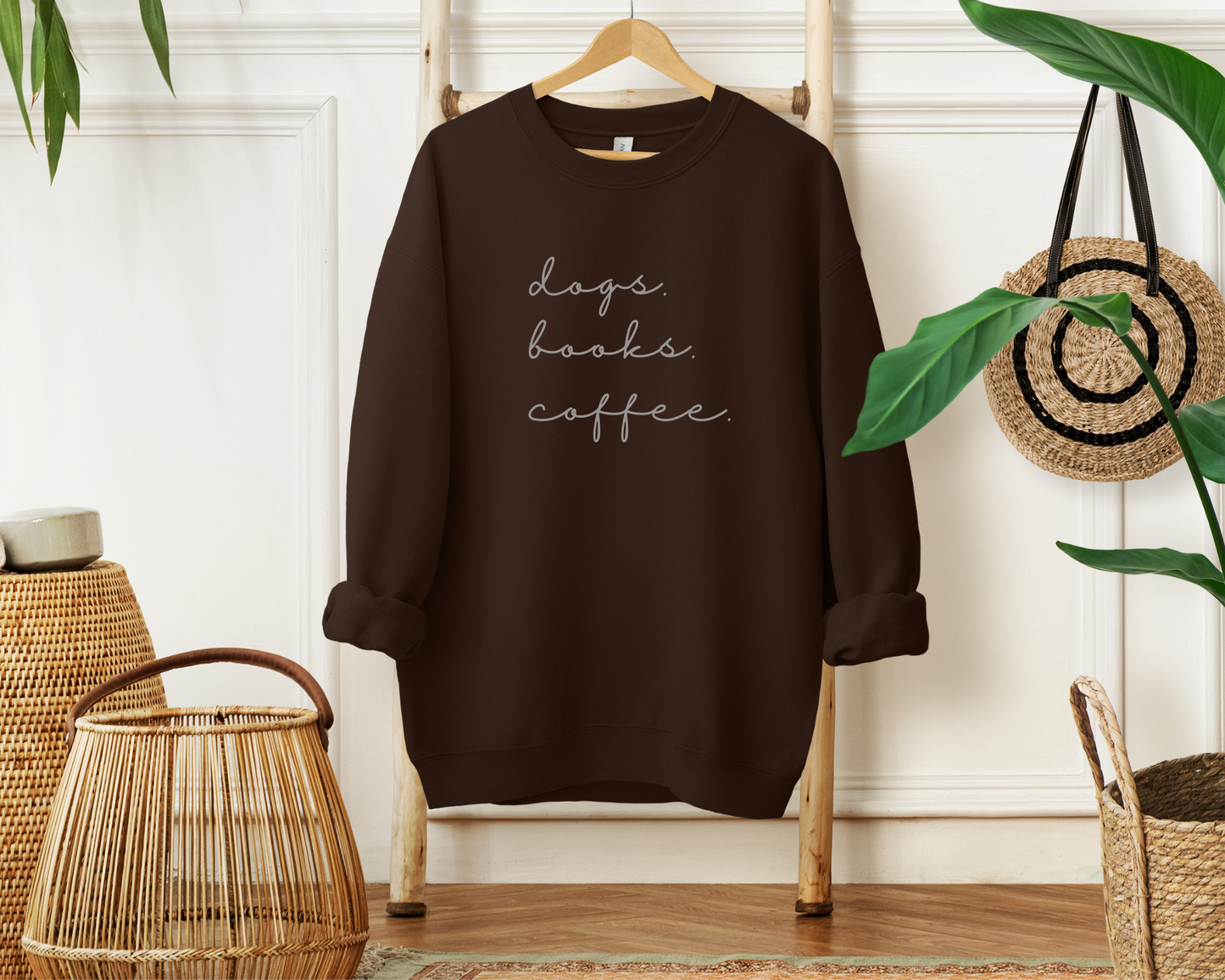 Dogs. Books. Coffee Sweatshirt, Dark Chocolate