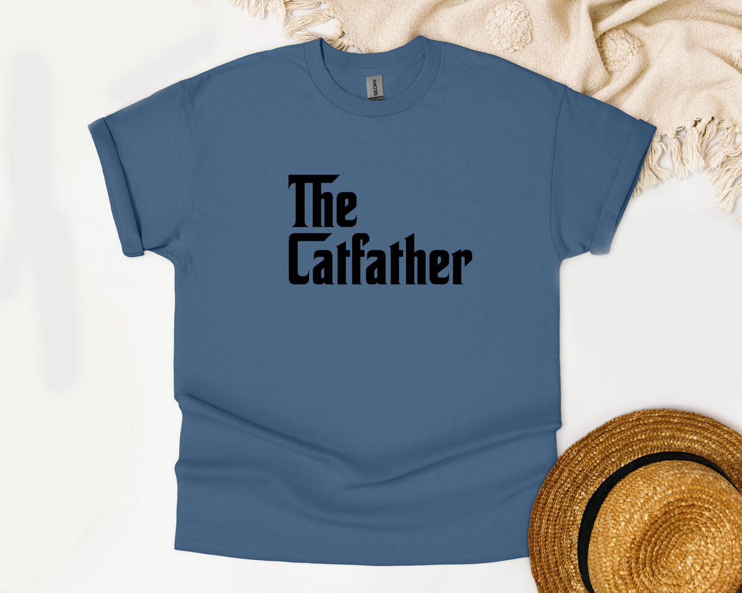 The Catfather Crewneck Tee, Indigo Blue