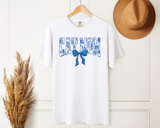 Cat Mom Floral Blue T-shirt, White