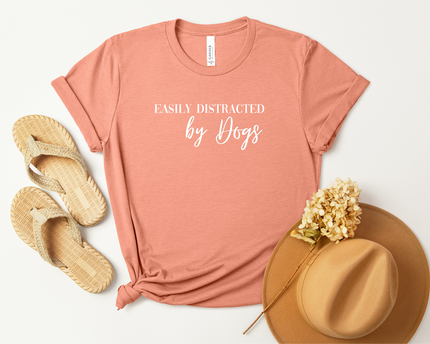 Easily Distracted by Dogs Tee, Heather Sunset