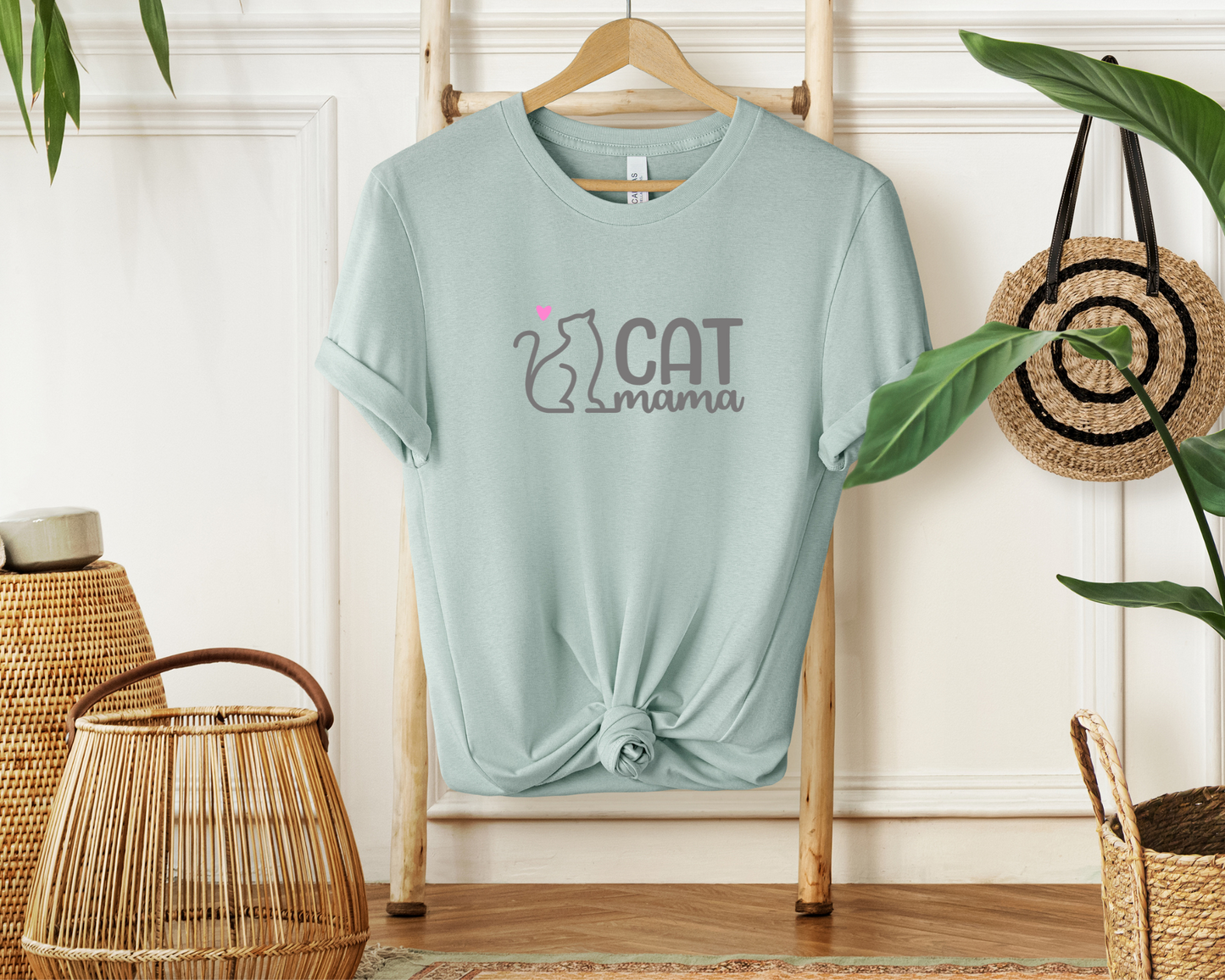 Cat Mama Crewneck T-shirt, Dusty Blue