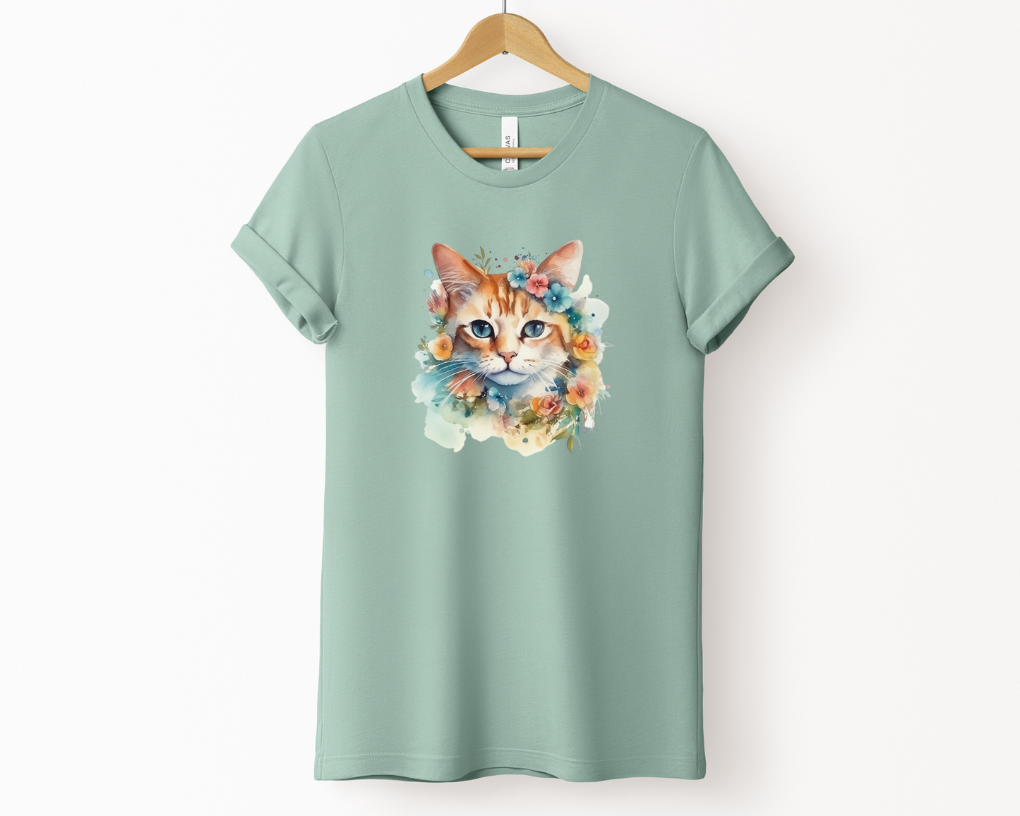 Watercolor Colorful Cat Tee, Dusty Blue