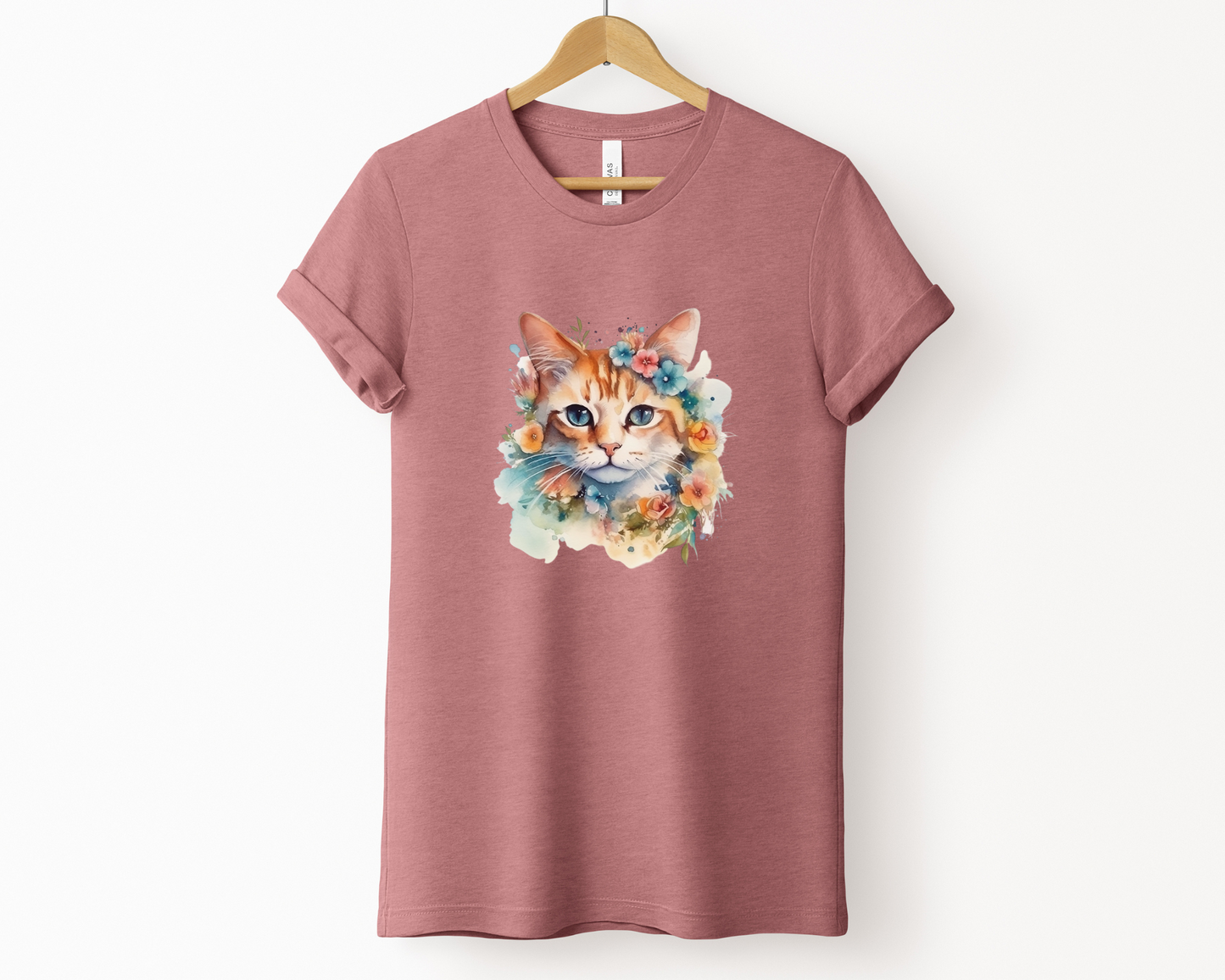 Watercolor Colorful Cat Tee, Heather Mauve