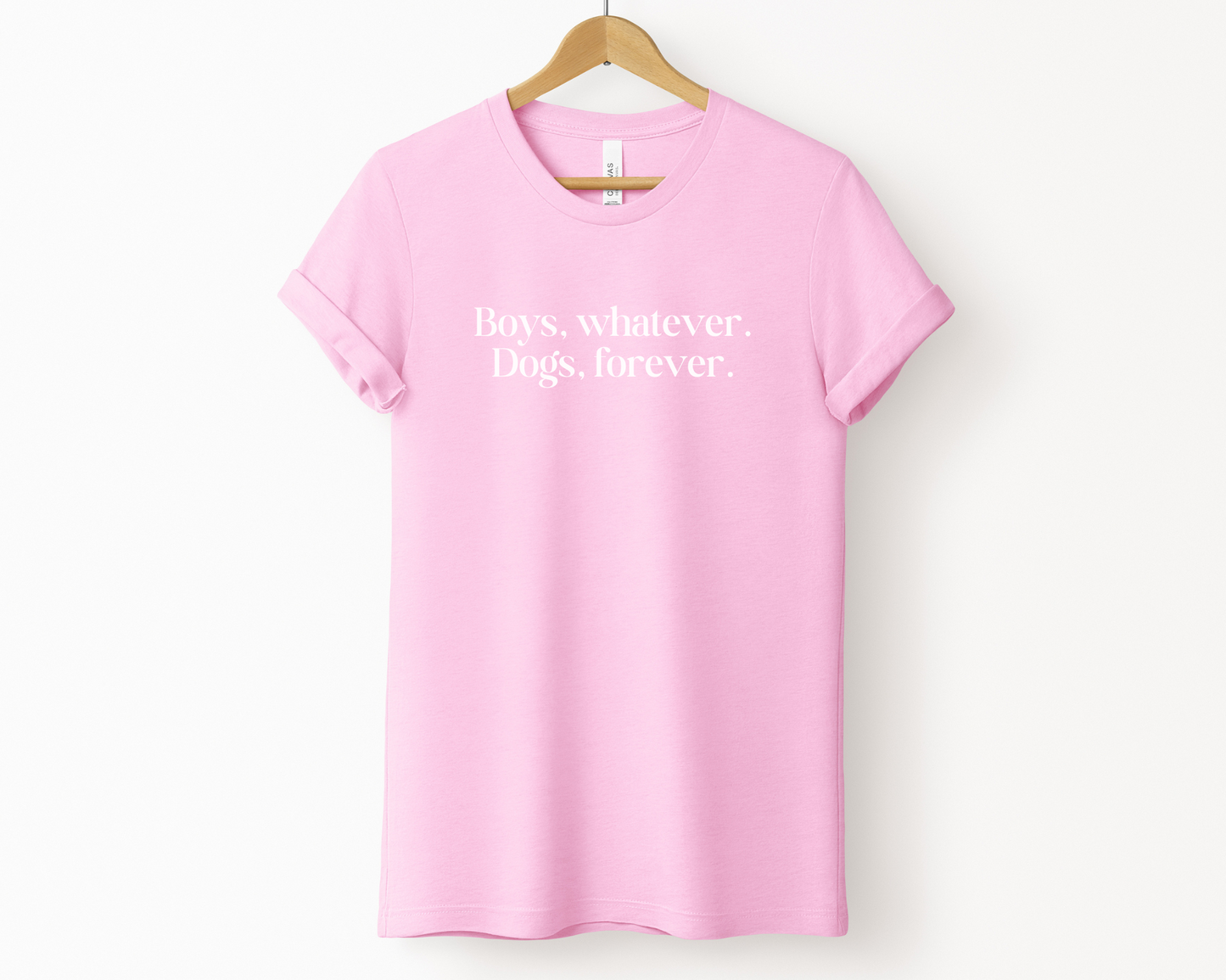 Boys, Whatever. Dogs, Forever Tee, Heather Bubble Gum