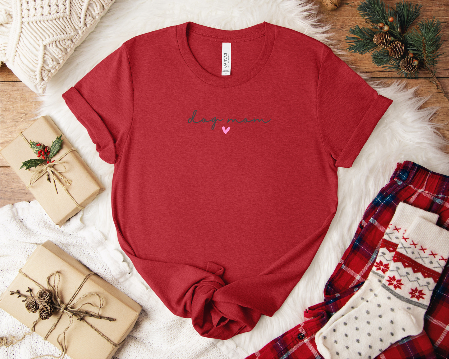 Dog Mom Heart Crewneck Tee, Heather Red