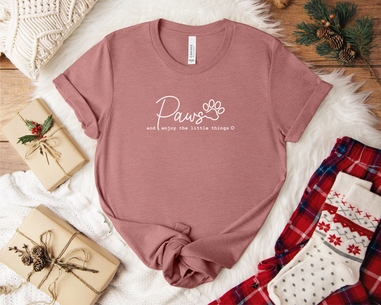 Paws And Enjoy The Little Things Crewneck Tee, Heather Mauve