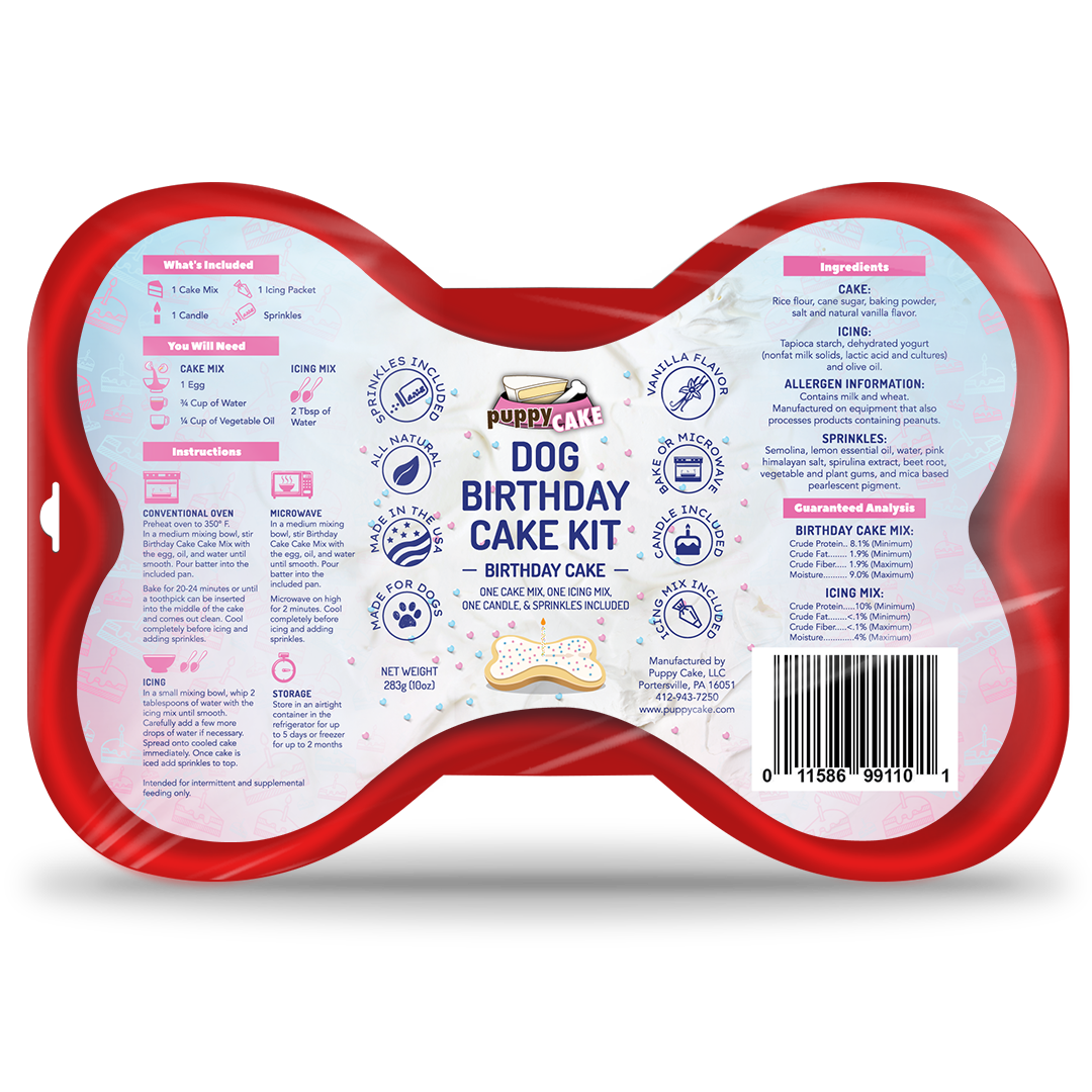 Dog Birthday Cake Kit- Birthday Cake Mix, Icing Mix, One Candle and Sprinkles
