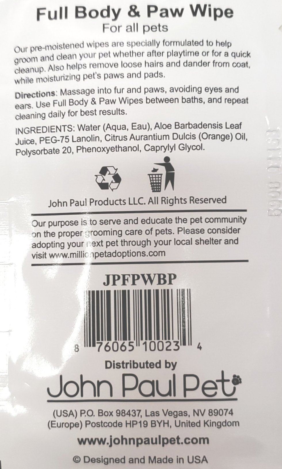 John Paul Pet Body Paw Bath Wipe 1pc