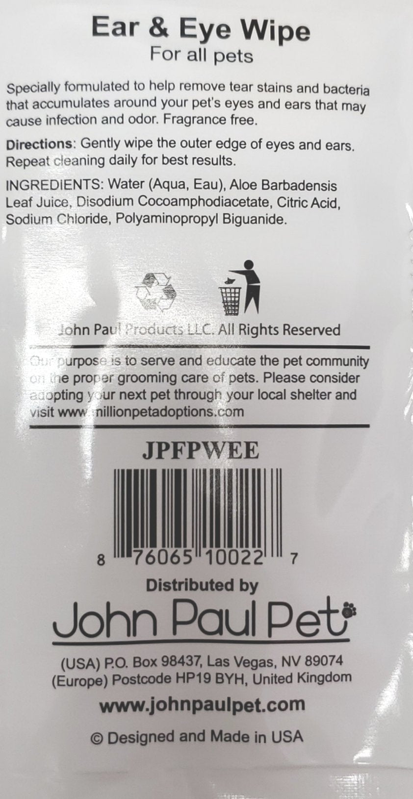 John Paul Pet Ear Eye Wipes Travel 1pc