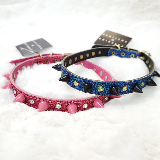 Genuine Leather Swarovski Crystal Glitter Spike Collar