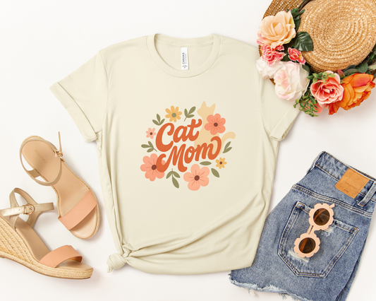 Cat Mom Retro Flower T-shirt - Off White