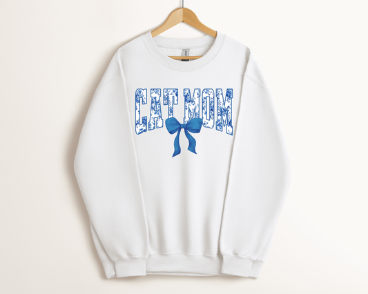 Cat Mom Floral Blue Sweatshirt, White