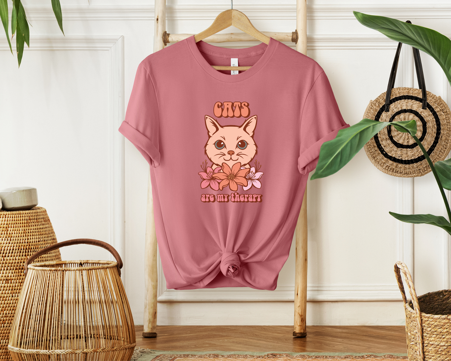 Cats Are My Therapy Crewneck T-shirt, Mauve