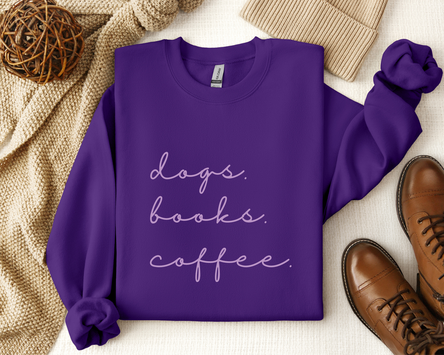 Dogs. Books. Coffee Sweatshirt, Purple