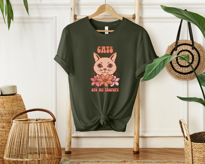Cats Are My Therapy Crewneck T-shirt, Military Green