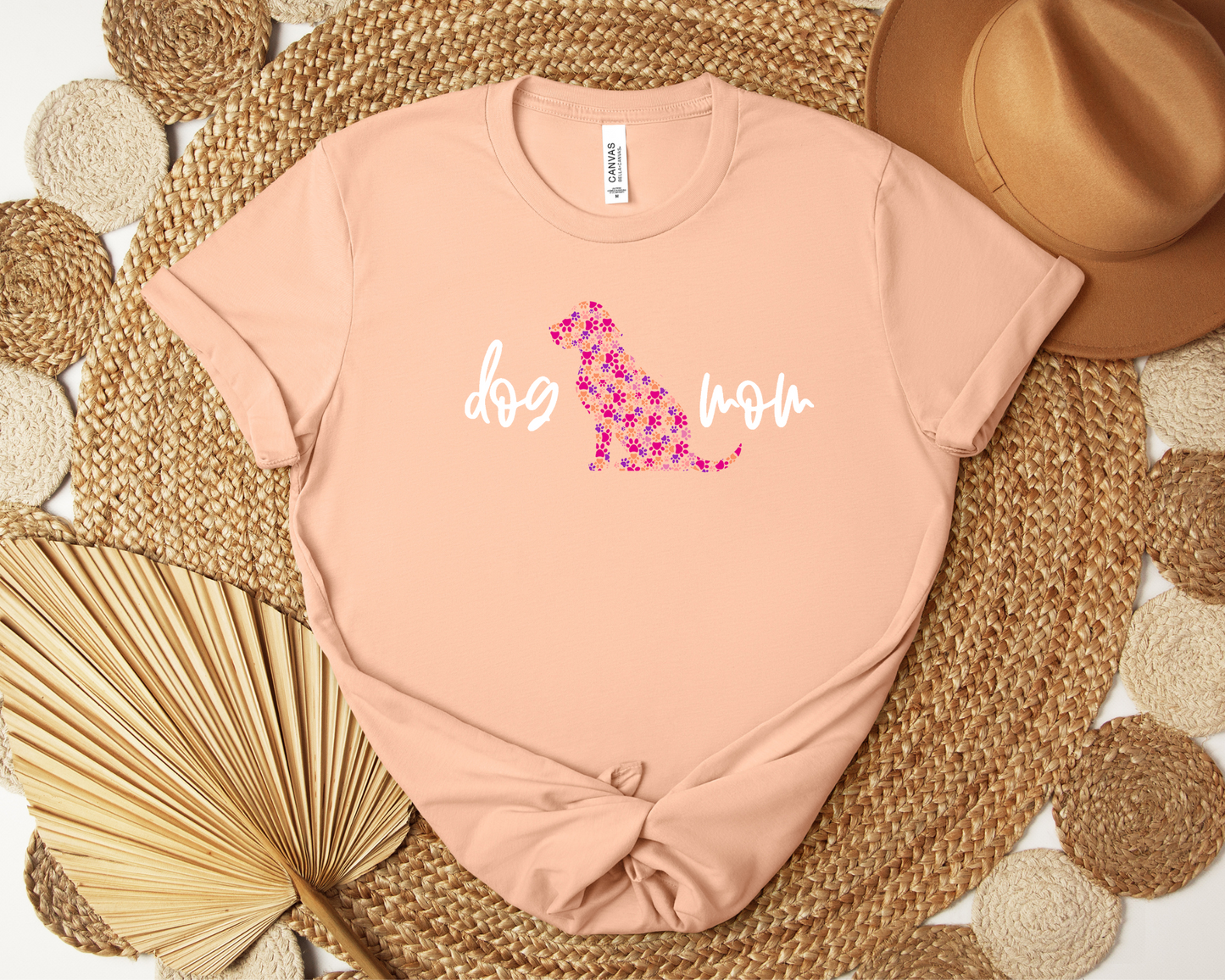 Dog Mom Pawprints Crewneck T-shirt, Peach