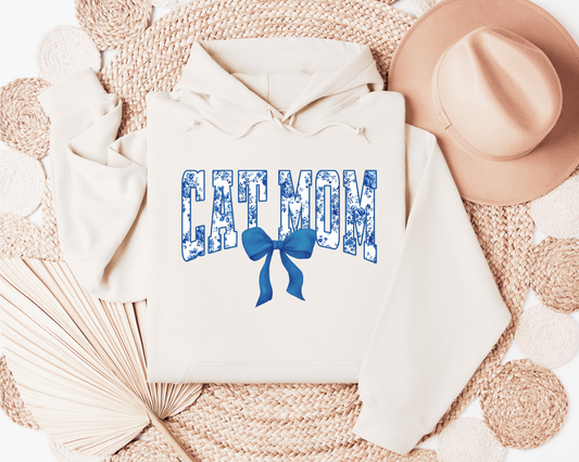 Cat Mom Floral Blue Hoodie, Cream
