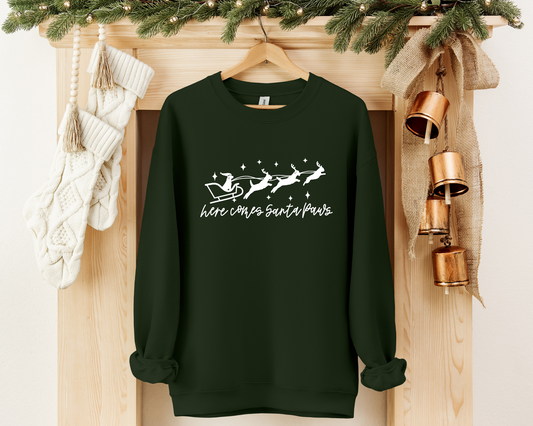 Here Comes Santa Paws Sweatshirt, Forest Green