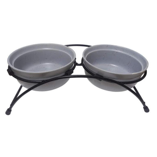 Indipets Pawsome Pottery Stoneware Pet Feeders Slate w/ Two Dishes