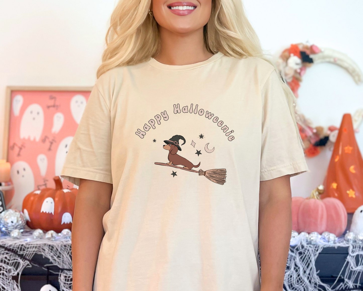 [Clearance 30%] Happy Halloweenie Crewneck T-shirt, Soft Cream