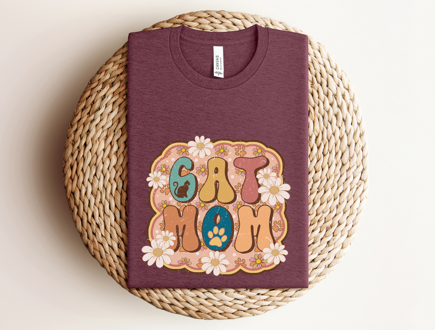 [Clearance 10%] Cat Mom Crewneck T-shirt, Heather Maroon