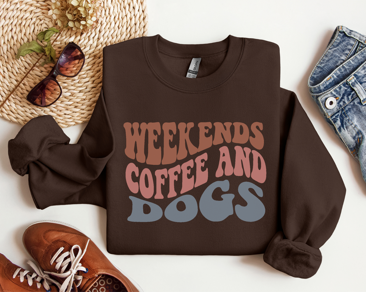 Weekends, Coffee And Dogs Sweatshirt, Dark Chocolate