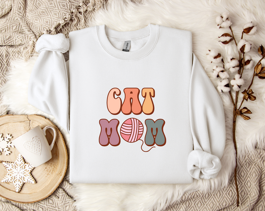 Cat Mom Yarn Crewneck Sweatshirt, White
