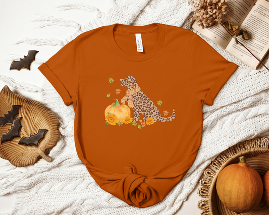 Dog, Pumpkin & Autumn Leaves Crewneck T-shirt, Autumn
