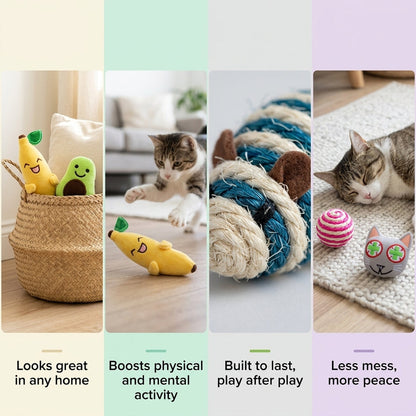 Catnip Filled Banana, Avocado, and Smokey Cat Toys with Sisal Mouse and Ball for Cats