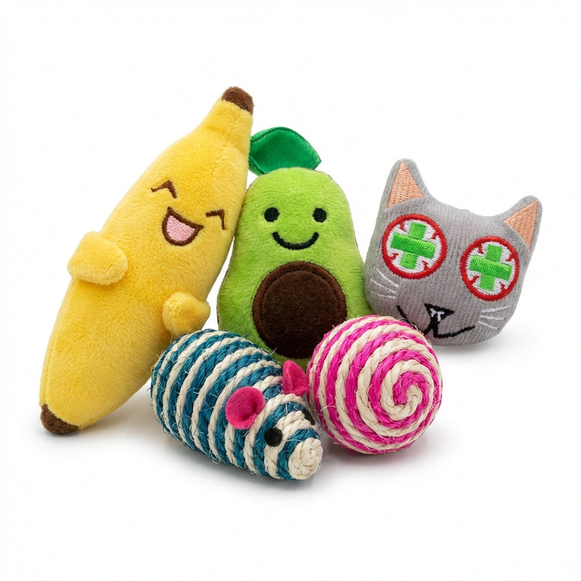 Catnip Filled Banana, Avocado, and Smokey Cat Toys with Sisal Mouse and Ball for Cats