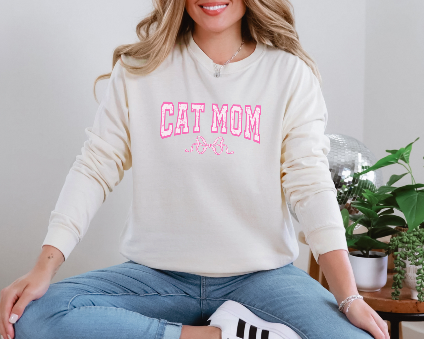 Cat Mom Floral Pink Sweatshirt, Sweet Cream Heather