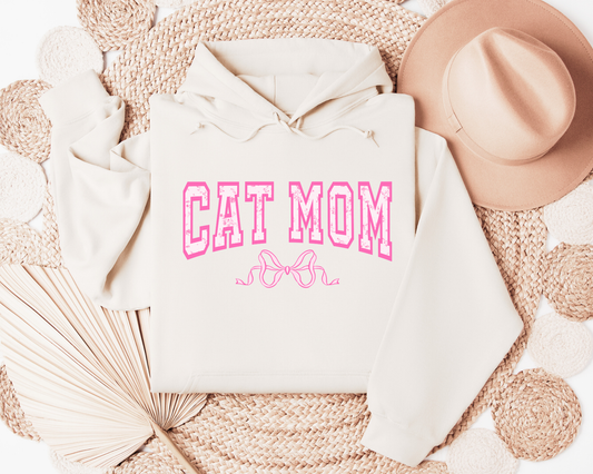 Cat Mom Floral Pink Hoodie, Cream