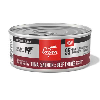 ORIJEN Tuna, Salmon + Beef Entrée in Bone Broth, Cat Food, 5.5oz