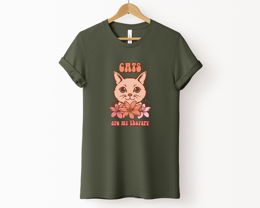 Cats Are My Therapy Crewneck T-shirt, Military Green