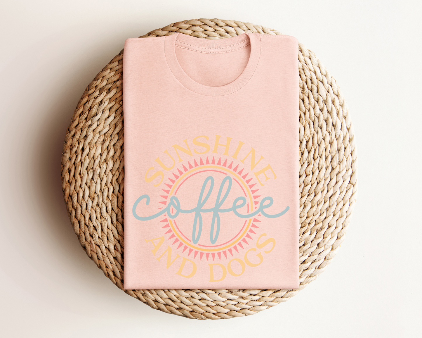 [30% OFF] Sunshine, Coffee and Dogs Crewneck T-shirt, Heather Peach