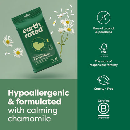 Earth Rated | Eye Wipes Vet-Developed Hypoallergenic Fragrance Free, 70 count