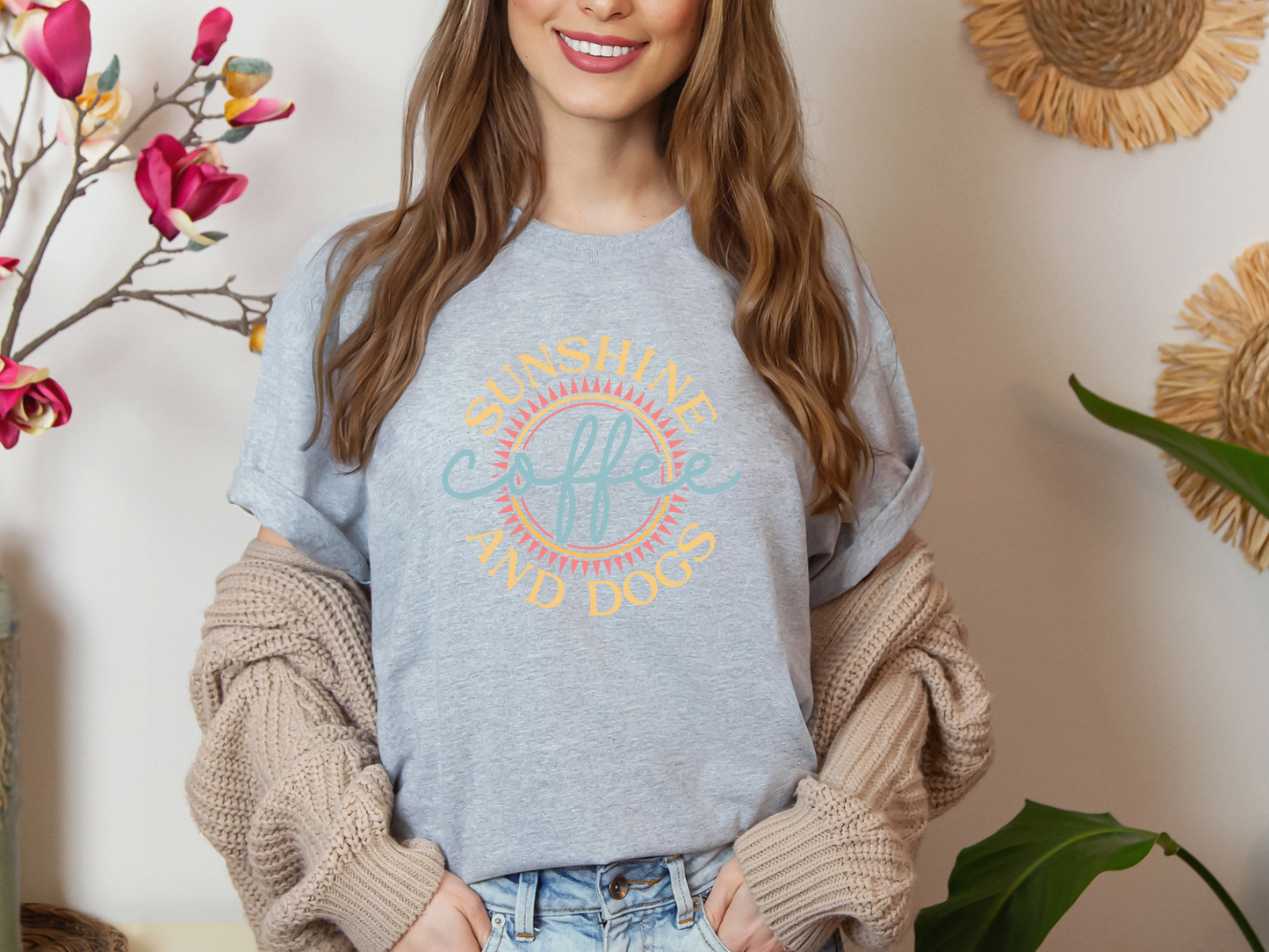 Sunshine, Coffee and Dogs Crewneck T-shirt, Heather Grey