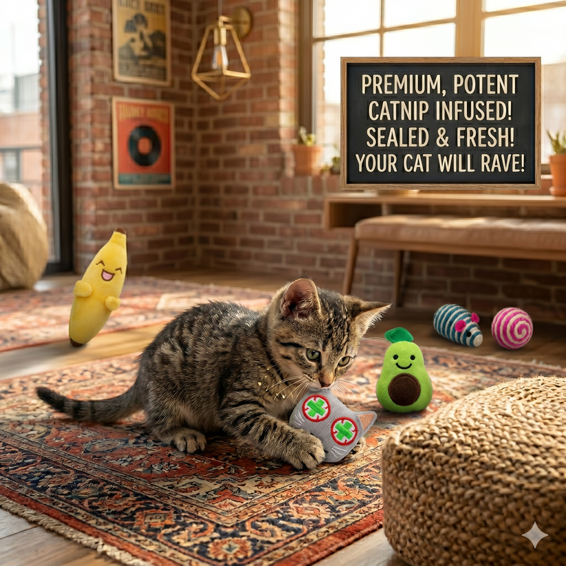 Catnip Filled Banana, Avocado, and Smokey Cat Toys with Sisal Mouse and Ball for Cats