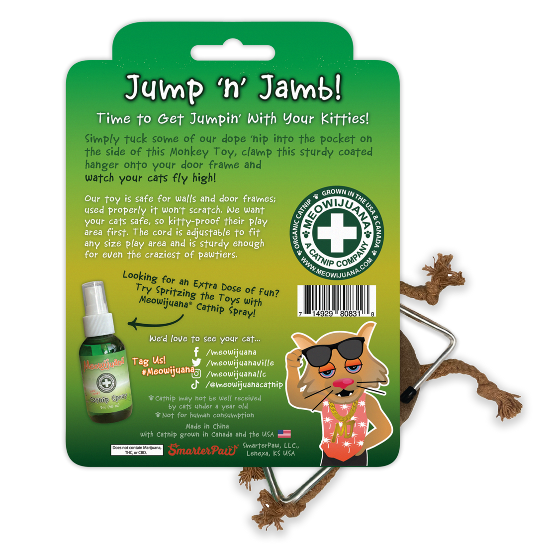 Jump 'n' Jamb - Get The Monkey Off Your Back - Refillable Catnip Swinging Toy