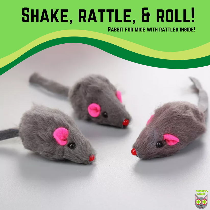 Rabbit Fur Mouse Cat Toy 12 per Pack White and Gray Fuzzy Toys for Cats with Rattle Realistic Fake mice